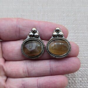 Silvertone Handmade Citrine Stone Vintage Clip On Earrings A6016